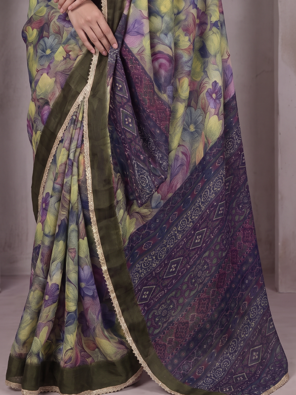 Floral Printed Georgette Saree with Lace Border