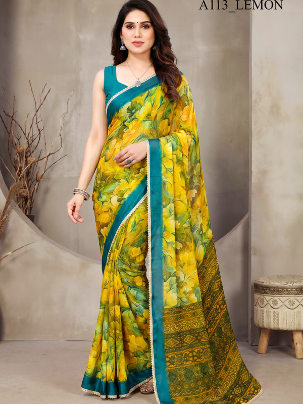 Floral Printed Georgette Saree with Lace Border