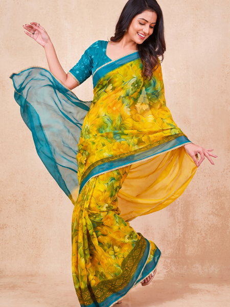 Floral Printed Georgette Saree with Lace Border