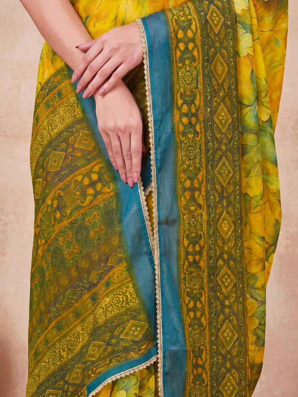 Floral Printed Georgette Saree with Lace Border