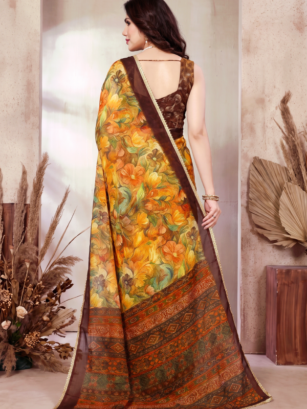 Floral Printed Georgette Saree with Lace Border