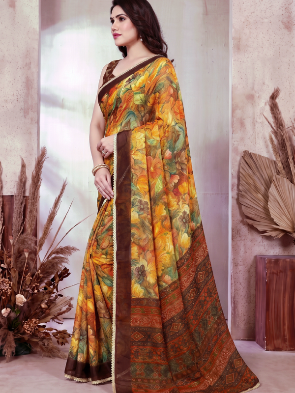Floral Printed Georgette Saree with Lace Border