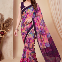 Floral Printed Georgette Saree with Lace Border