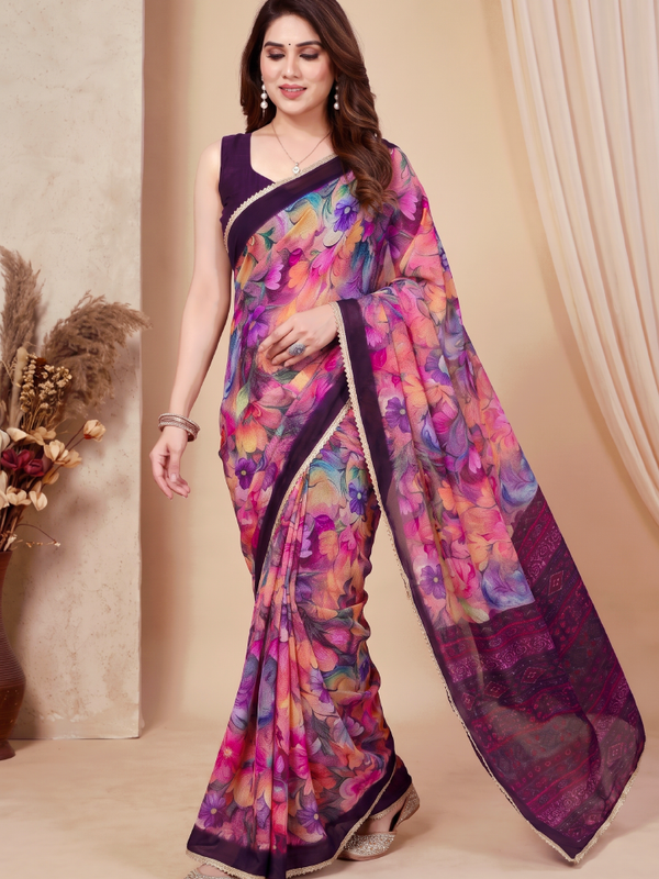 Floral Printed Georgette Saree with Lace Border