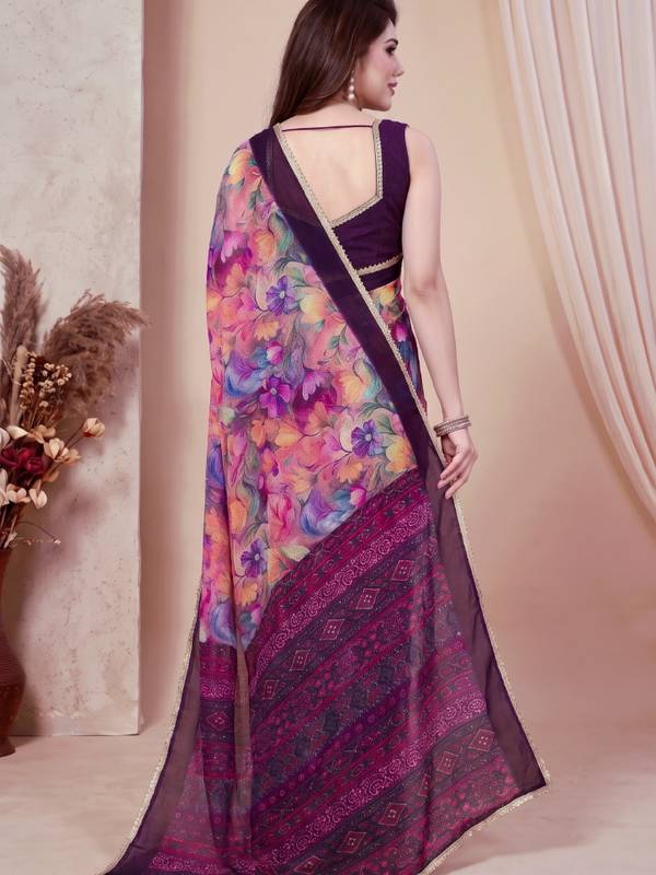 Floral Printed Georgette Saree with Lace Border