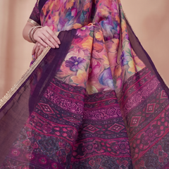 Floral Printed Georgette Saree with Lace Border
