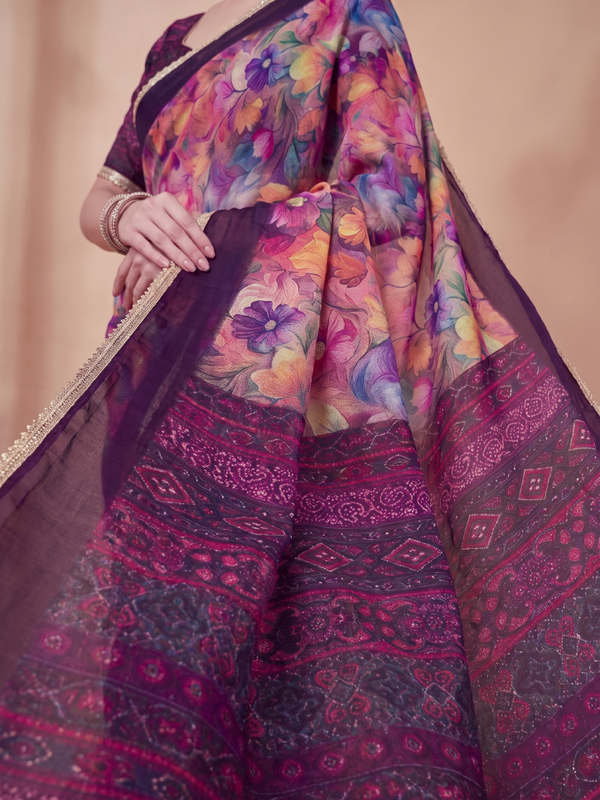 Floral Printed Georgette Saree with Lace Border