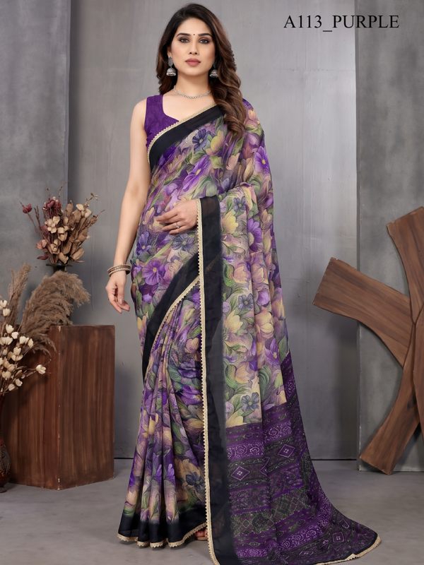 Floral Printed Georgette Saree with Lace Border