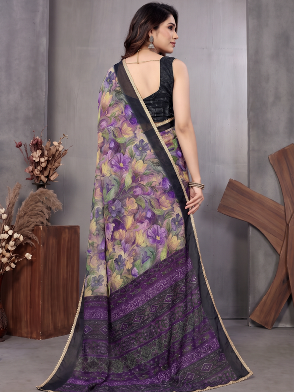 Floral Printed Georgette Saree with Lace Border
