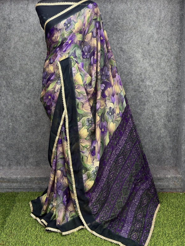 Floral Printed Georgette Saree with Lace Border