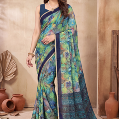 Floral Printed Georgette Saree with Lace Border