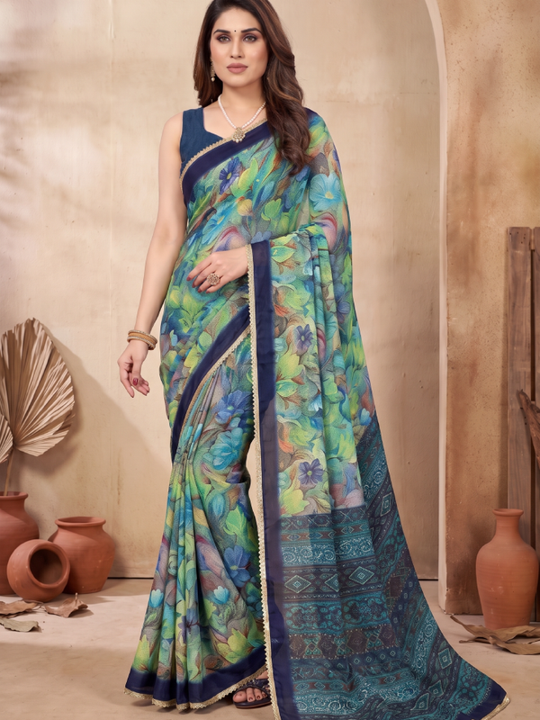 Floral Printed Georgette Saree with Lace Border