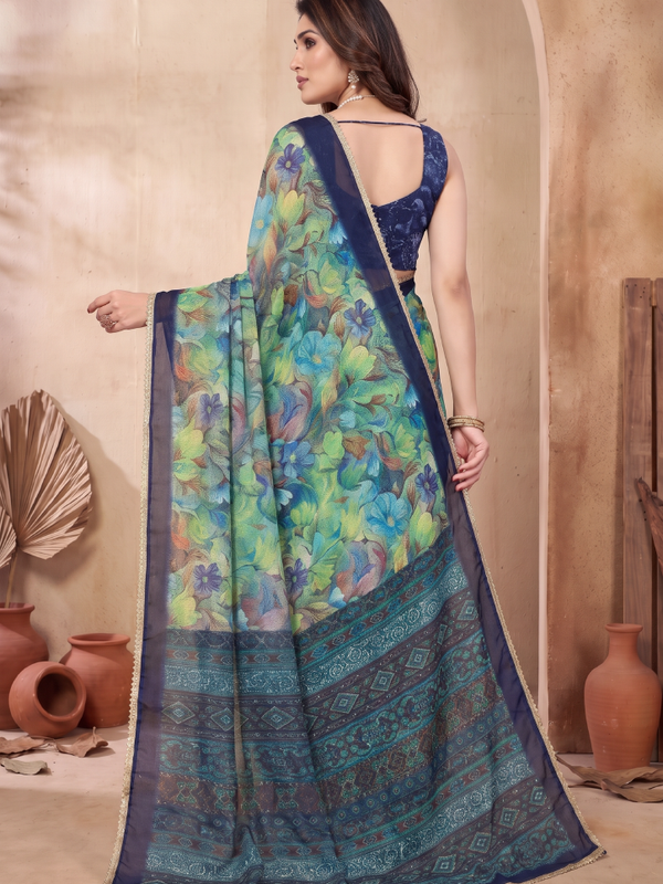 Floral Printed Georgette Saree with Lace Border