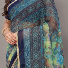 Floral Printed Georgette Saree with Lace Border