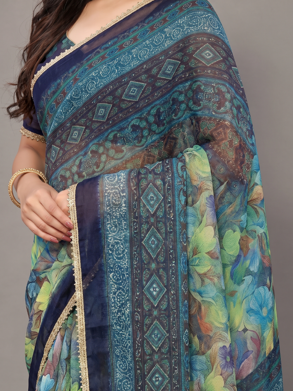 Floral Printed Georgette Saree with Lace Border