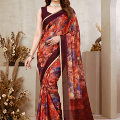 Floral Printed Georgette Saree with Lace Border
