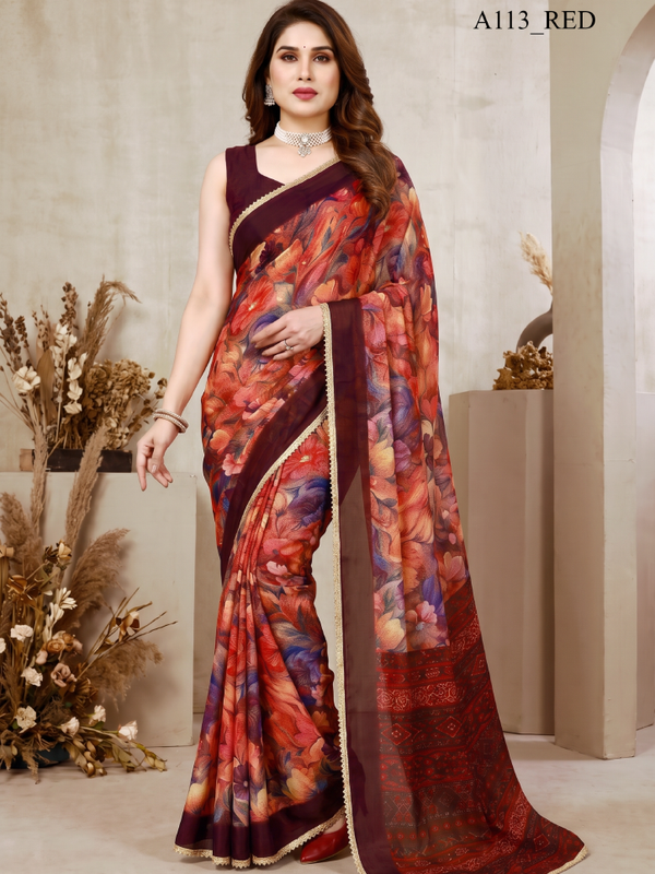 Floral Printed Georgette Saree with Lace Border