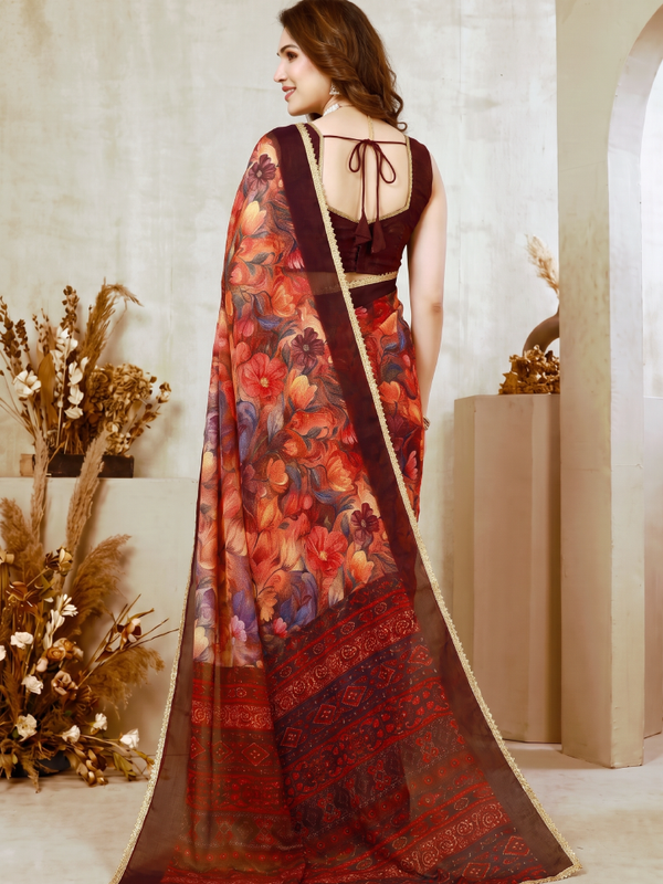 Floral Printed Georgette Saree with Lace Border