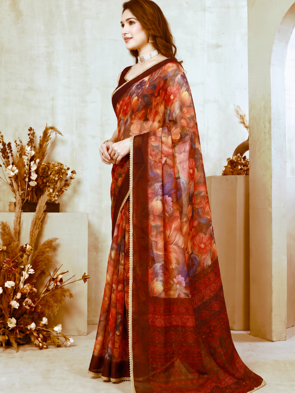 Floral Printed Georgette Saree with Lace Border