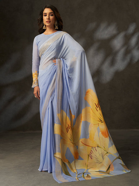 Grey Georgette Digital Floral Print Designer Saree