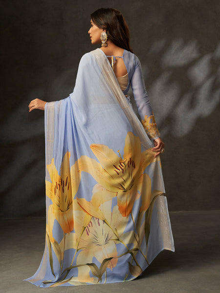 Grey Georgette Digital Floral Print Designer Saree