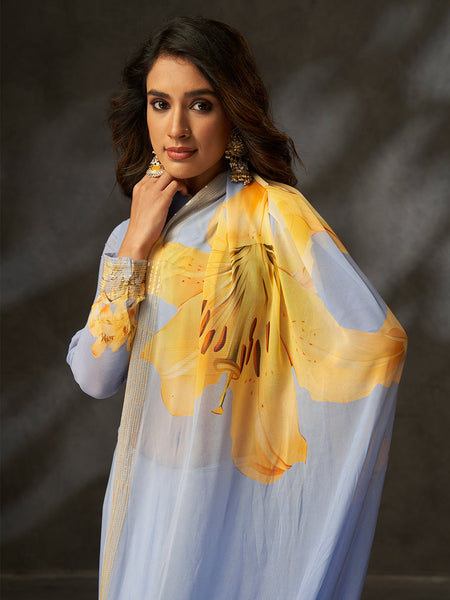 Grey Georgette Digital Floral Print Designer Saree