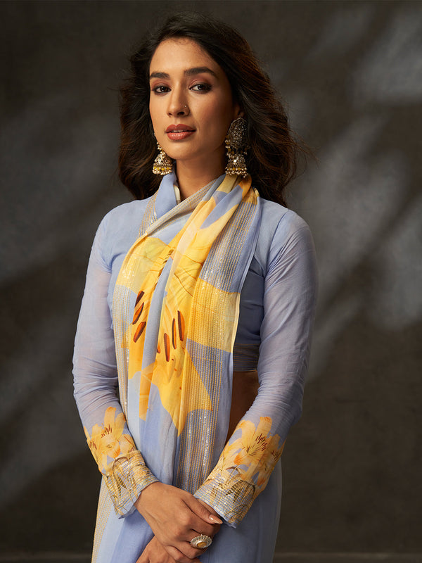 Grey Georgette Digital Floral Print Designer Saree