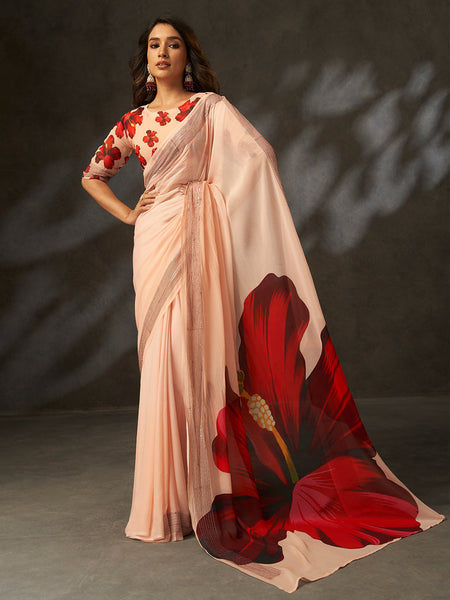 Peach Georgette Digital Floral Print Designer Saree