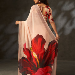 Peach Georgette Digital Floral Print Designer Saree