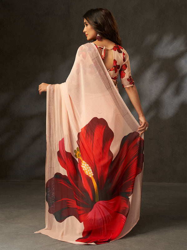 Peach Georgette Digital Floral Print Designer Saree