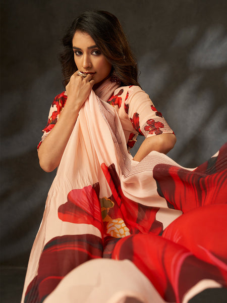 Peach Georgette Digital Floral Print Designer Saree