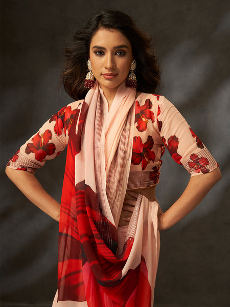 Peach Georgette Digital Floral Print Designer Saree