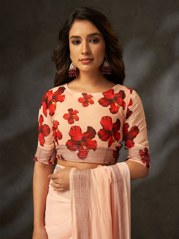Peach Georgette Digital Floral Print Designer Saree