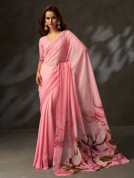 Pink Georgette Digital Floral Print Designer Saree