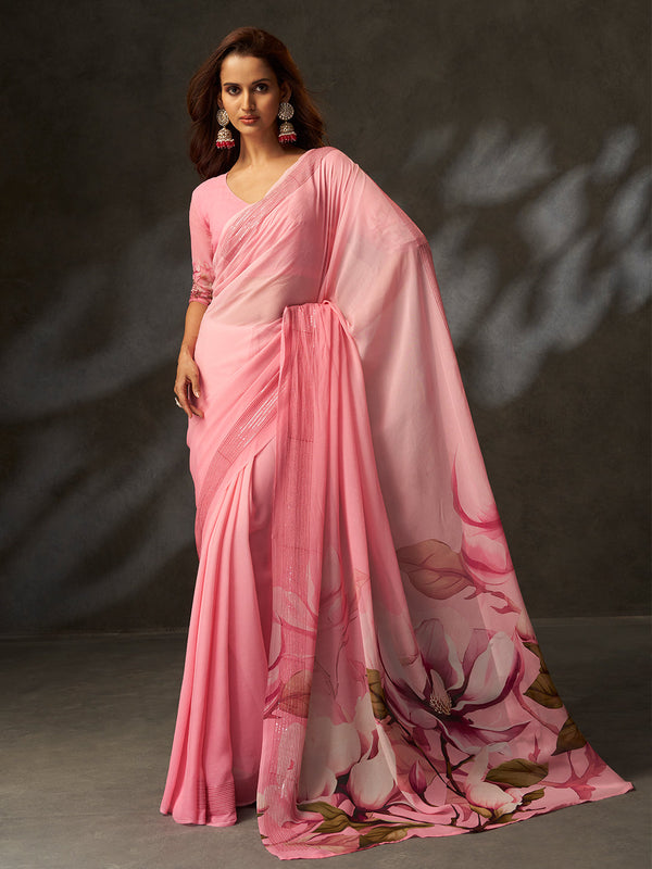 Pink Georgette Digital Floral Print Designer Saree