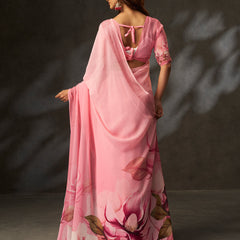 Pink Georgette Digital Floral Print Designer Saree