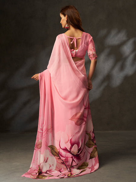 Pink Georgette Digital Floral Print Designer Saree