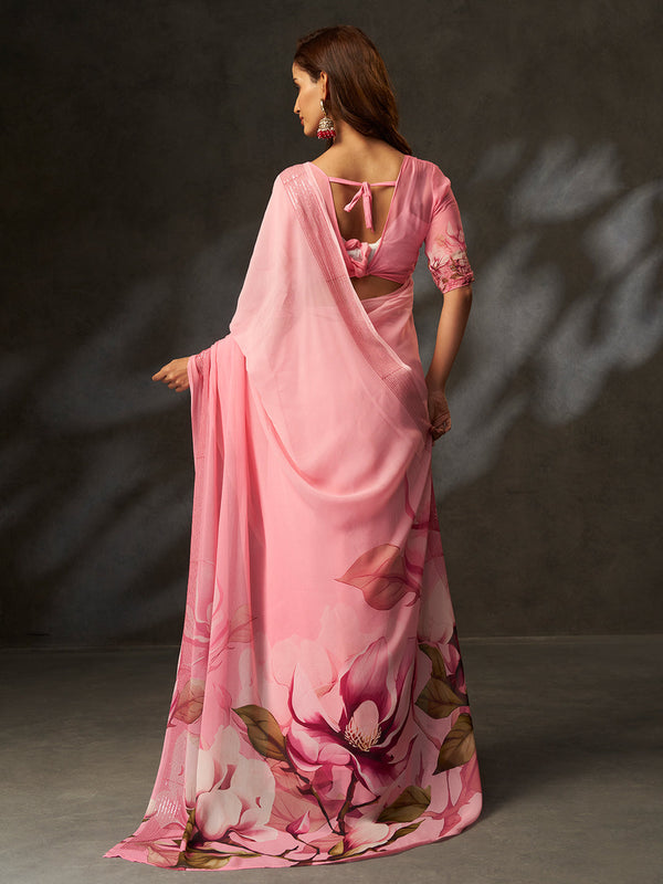 Pink Georgette Digital Floral Print Designer Saree