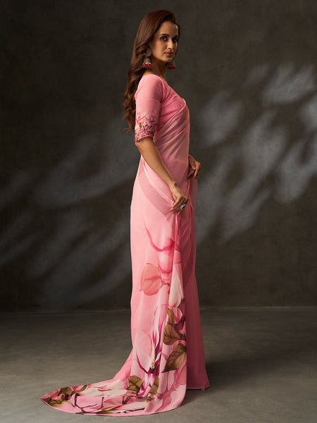 Pink Georgette Digital Floral Print Designer Saree