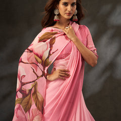 Pink Georgette Digital Floral Print Designer Saree