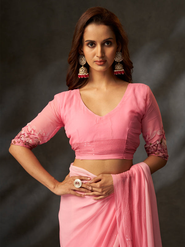Pink Georgette Digital Floral Print Designer Saree