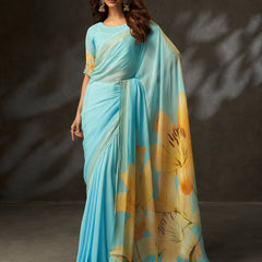 Sky Blue Georgette Digital Floral Print Saree