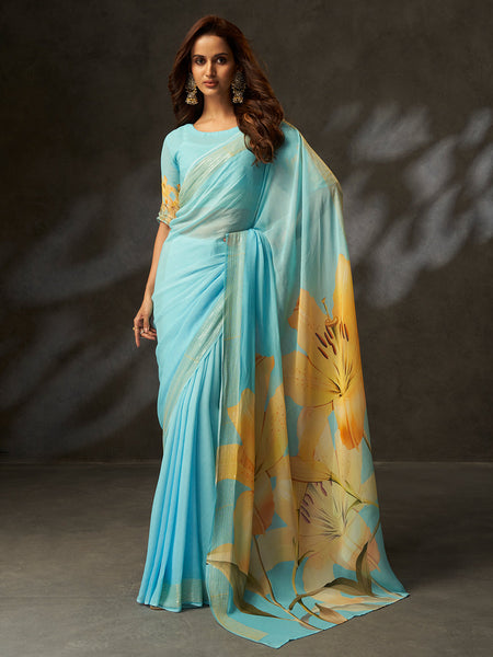 Sky Blue Georgette Digital Floral Print Saree