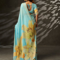 Sky Blue Georgette Digital Floral Print Saree