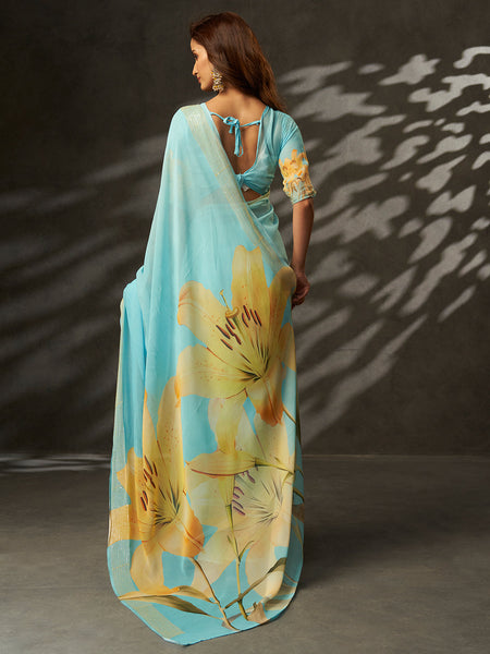 Sky Blue Georgette Digital Floral Print Saree