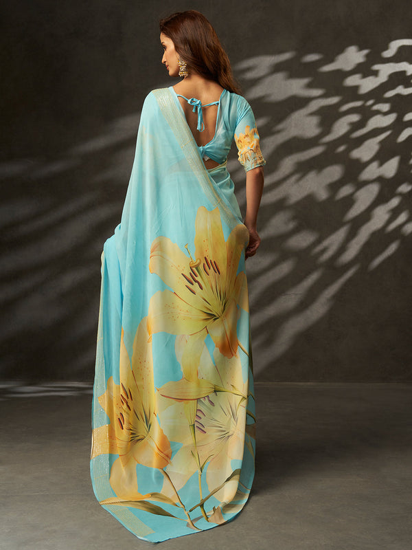 Sky Blue Georgette Digital Floral Print Saree