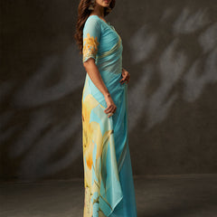 Sky Blue Georgette Digital Floral Print Saree