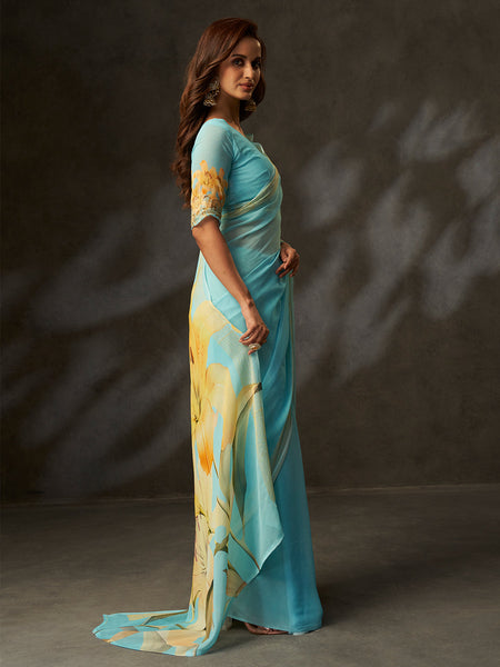 Sky Blue Georgette Digital Floral Print Saree
