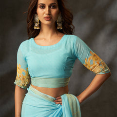 Sky Blue Georgette Digital Floral Print Saree