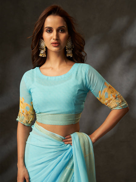 Sky Blue Georgette Digital Floral Print Saree